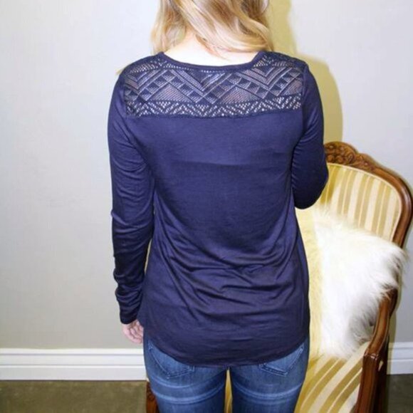 Dark Navy Blue Long Sleeve Top Gold Buttons Lace - Picture 4 of 6